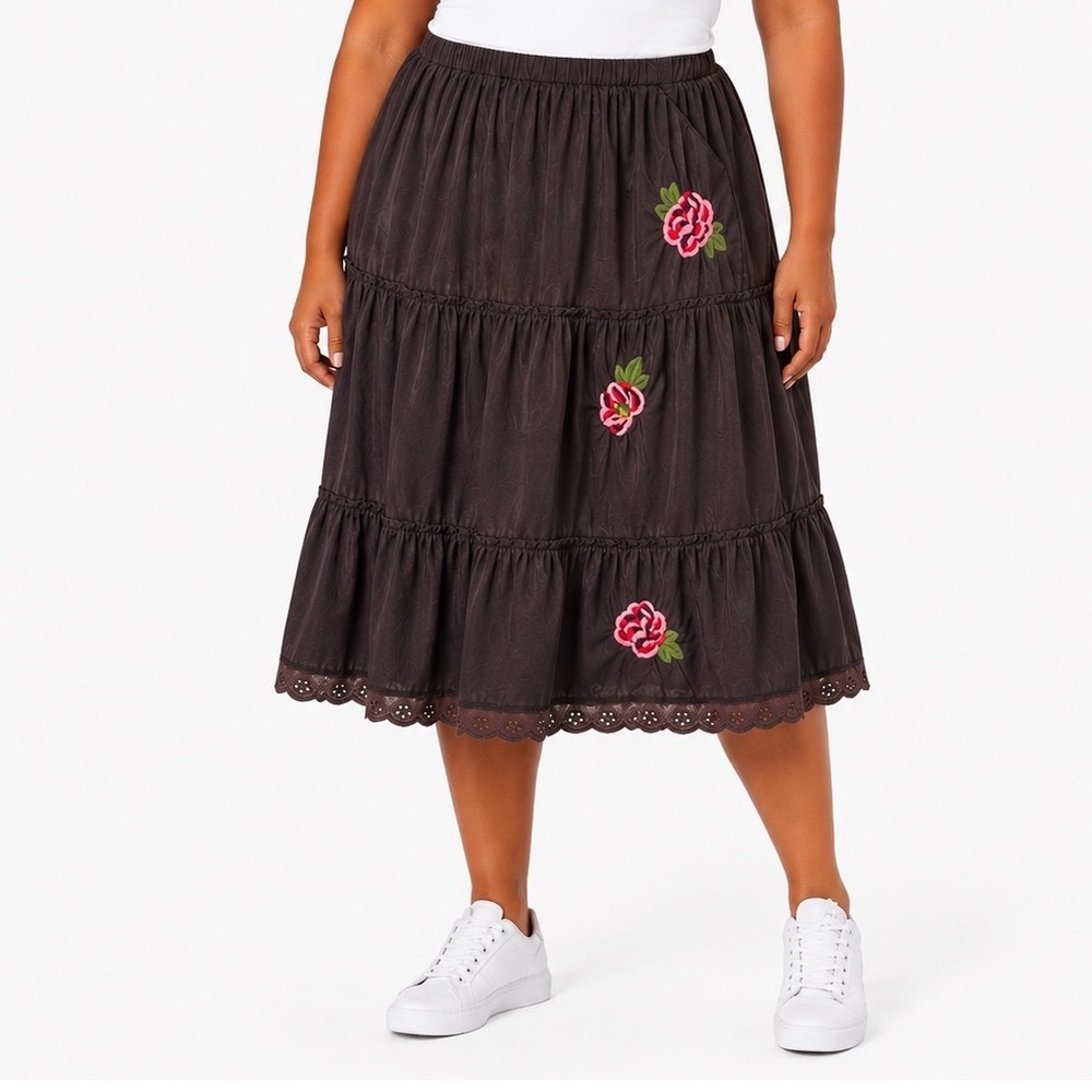 New York & Company Brown Tiered Floral Embroidered Eyelet Midi Skirt XL